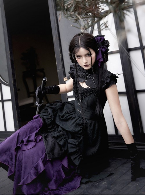 Black Purple Contrast Gothic Lolita Elegant Bowknot Ribbon Ruffled Hairpin