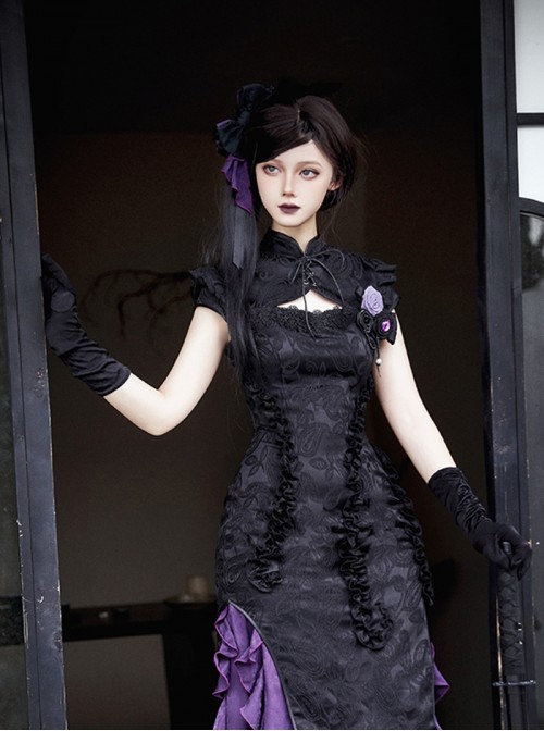 Black Purple Contrast Gothic Lolita Elegant Bowknot Ribbon Ruffled Hairpin