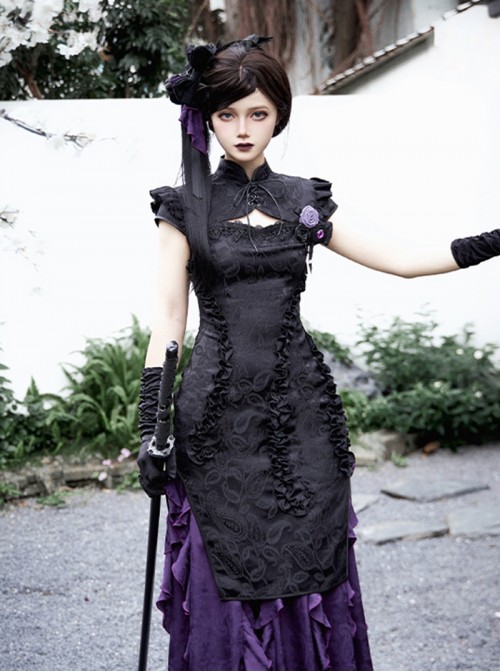 Black Purple Contrast Gothic Lolita Elegant Bowknot Ribbon Ruffled Hairpin