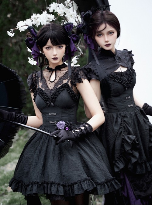 Black Purple Contrast Gothic Lolita Elegant Bowknot Ribbon Ruffled Hairpin