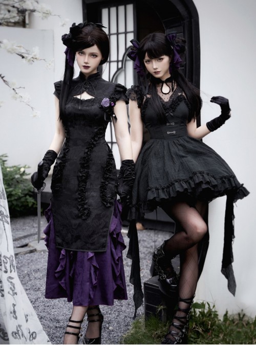 Black Purple Contrast Gothic Lolita Elegant Bowknot Ribbon Ruffled Hairpin
