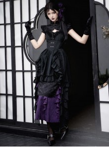 Black Purple Gothic Lolita Elegant Bowknot Ribbon Ruffled Qipao Camisole Dress Hairpin Brooch Set