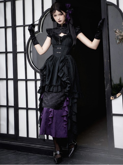 Black Purple Gothic Lolita Elegant Bowknot Ribbon Ruffled Qipao Camisole Dress Hairpin Brooch Set