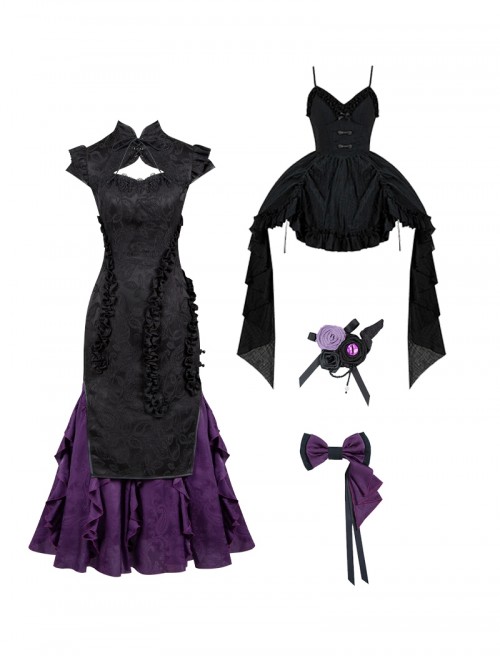 Black Purple Gothic Lolita Elegant Bowknot Ribbon Ruffled Qipao Camisole Dress Hairpin Brooch Set