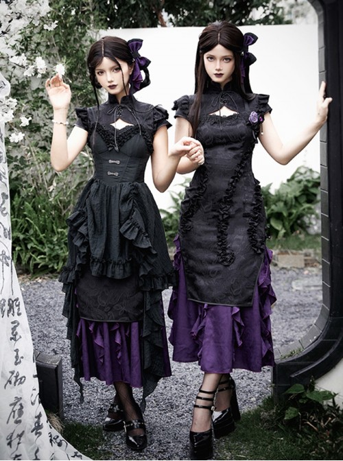 Black Purple Gothic Lolita Elegant Bowknot Ribbon Ruffled Qipao Camisole Dress Hairpin Brooch Set
