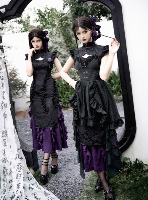 Black Purple Gothic Lolita Elegant Bowknot Ribbon Ruffled Qipao Camisole Dress Hairpin Brooch Set