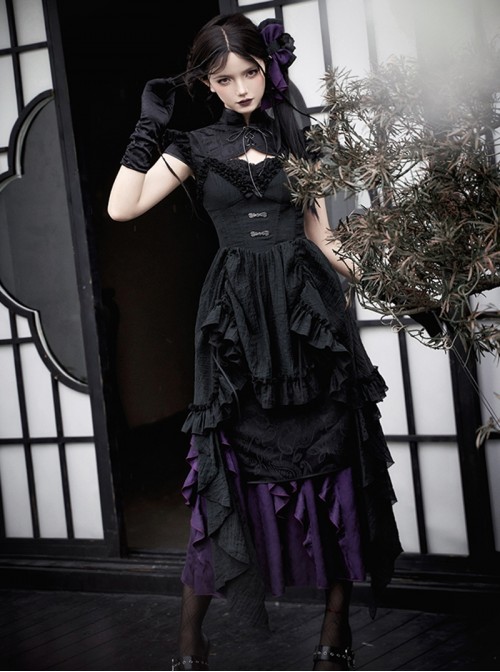 Black Purple Gothic Lolita Elegant Bowknot Ribbon Ruffled Qipao Camisole Dress Hairpin Brooch Set