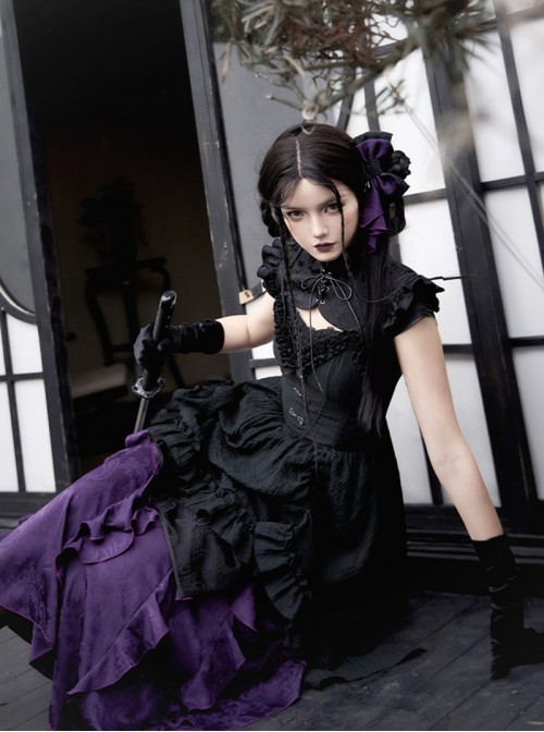 Black Purple Gothic Lolita Elegant Bowknot Ribbon Ruffled Qipao Camisole Dress Hairpin Brooch Set