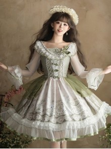 Tea Cup Rabbit Classic Lolita Elegant Green Country Fresh Ruffled Collar Chiffon Long Sleeve Dress