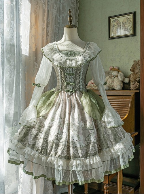 Tea Cup Rabbit Classic Lolita Elegant Green Country Fresh Ruffled Collar Chiffon Long Sleeve Dress