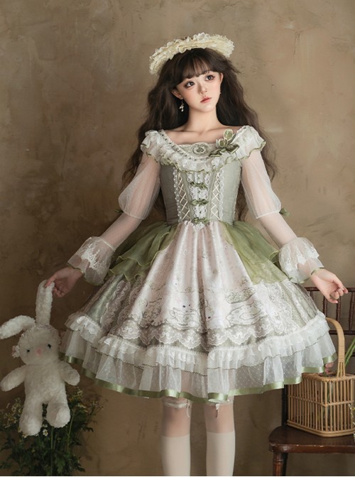 Tea Cup Rabbit Classic Lolita Elegant Green Country Fresh Ruffled Collar Chiffon Long Sleeve Dress