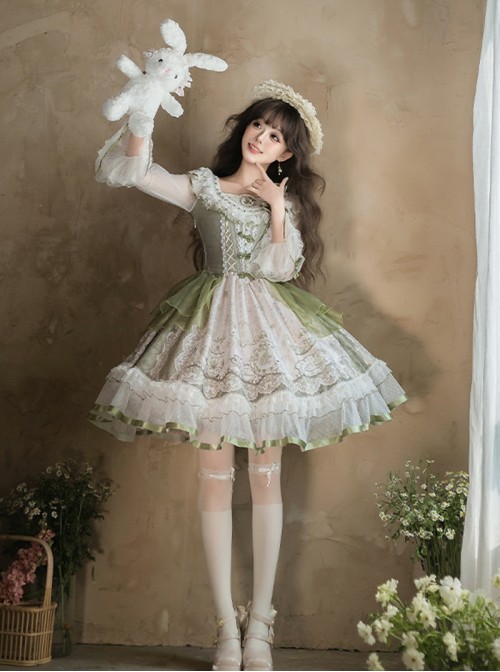 Tea Cup Rabbit Classic Lolita Elegant Green Country Fresh Ruffled Collar Chiffon Long Sleeve Dress