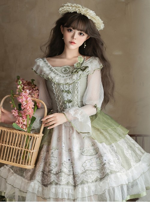 Tea Cup Rabbit Classic Lolita Elegant Green Country Fresh Ruffled Collar Chiffon Long Sleeve Dress