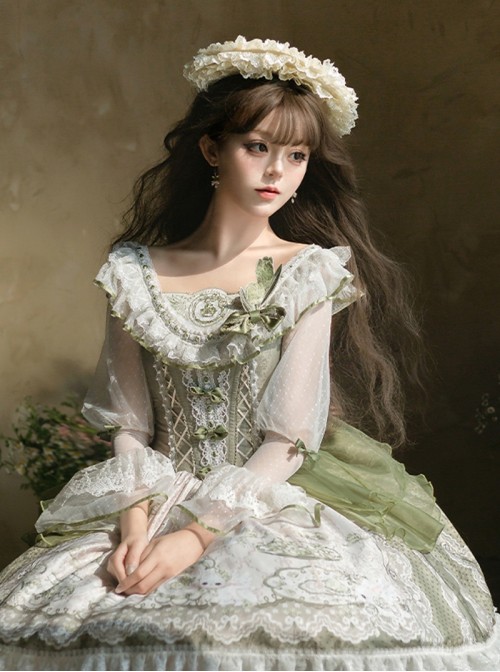 Tea Cup Rabbit Classic Lolita Elegant Green Country Fresh Ruffled Collar Chiffon Long Sleeve Dress