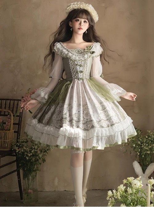 Tea Cup Rabbit Classic Lolita Elegant Green Country Fresh Ruffled Collar Chiffon Long Sleeve Dress