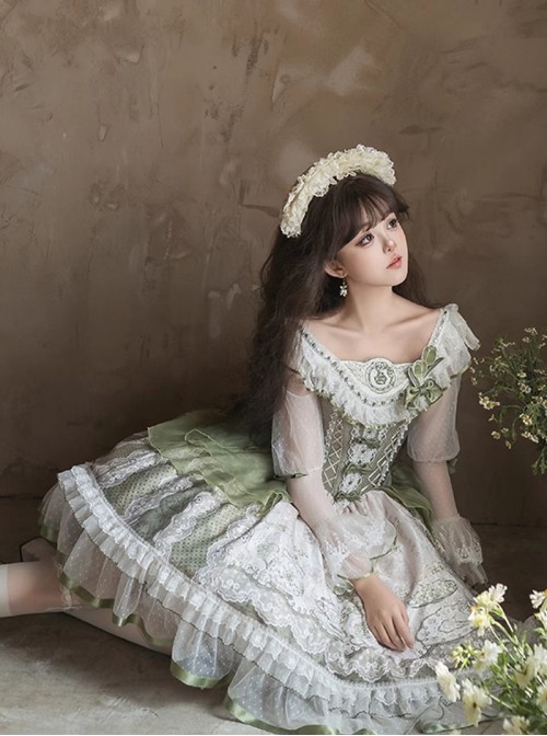 Tea Cup Rabbit Classic Lolita Elegant Green Country Fresh Ruffled Collar Chiffon Long Sleeve Dress