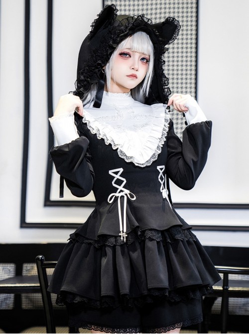 Doki Series Gothic Lolita Japanese Jirai Onna Ruffled Collar Strapped Bowknot Long Sleeve Dress