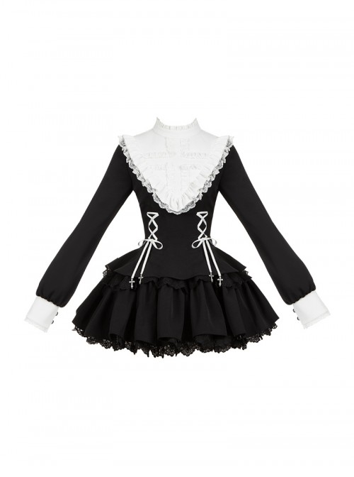 Doki Series Gothic Lolita Japanese Jirai Onna Ruffled Collar Strapped Bowknot Long Sleeve Dress