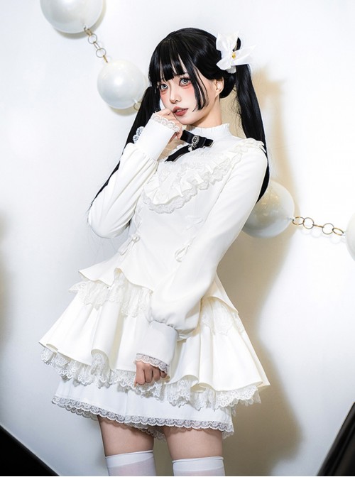 Doki Series Gothic Lolita Japanese Jirai Onna Ruffled Collar Strapped Bowknot Long Sleeve Dress