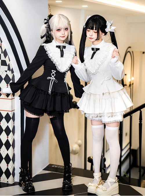 Doki Series Gothic Lolita Japanese Jirai Onna Ruffled Collar Strapped Bowknot Long Sleeve Dress