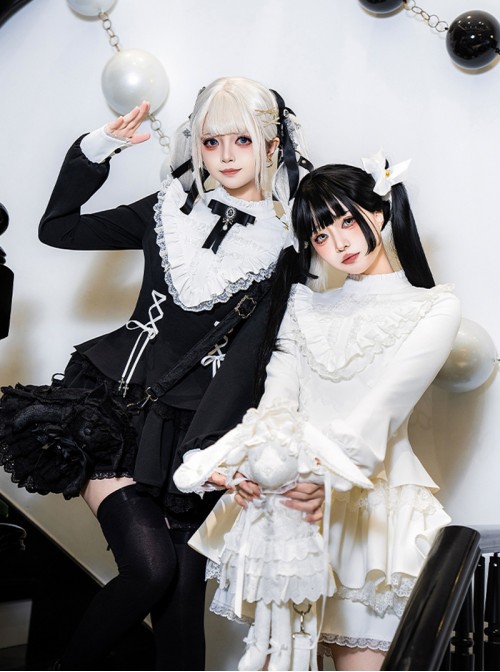 Doki Series Gothic Lolita Japanese Jirai Onna Ruffled Collar Strapped Bowknot Long Sleeve Dress