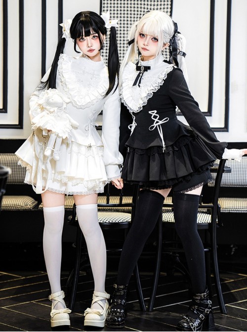 Doki Series Gothic Lolita Japanese Jirai Onna Ruffled Collar Strapped Bowknot Long Sleeve Dress