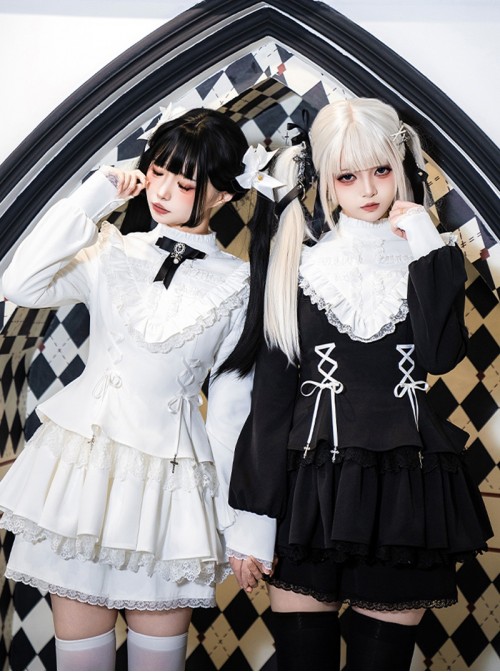 Doki Series Gothic Lolita Japanese Jirai Onna Ruffled Collar Strapped Bowknot Long Sleeve Dress