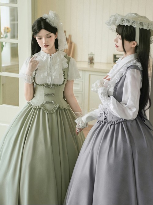 Message Series Classic Lolita Elegant Soft Low Saturation Minimalistic Ruffled Bowknot Long Dress