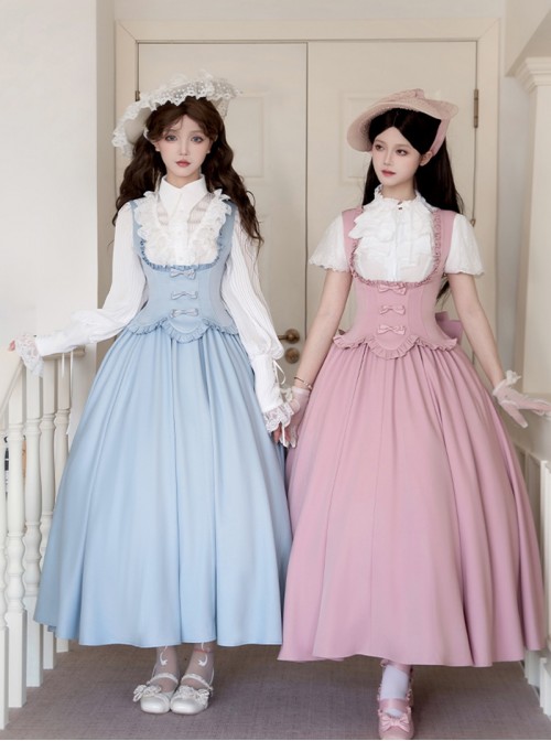 Message Series Classic Lolita Elegant Soft Low Saturation Minimalistic Ruffled Bowknot Long Dress