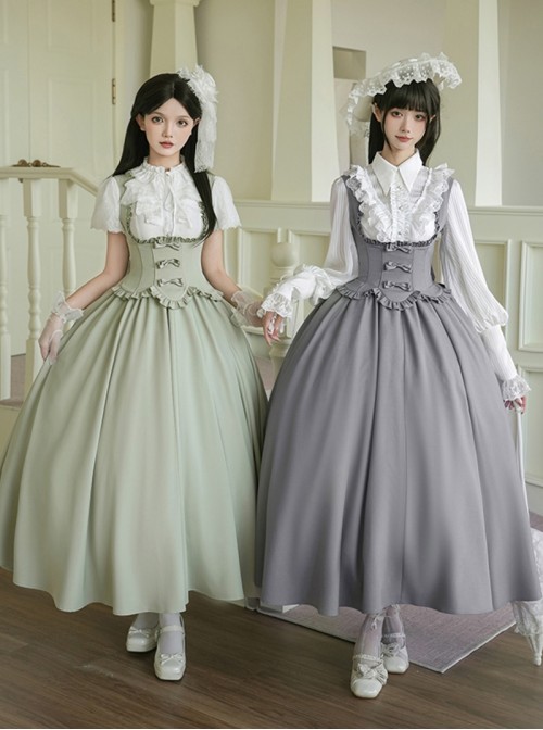 Message Series Classic Lolita Elegant Soft Low Saturation Minimalistic Ruffled Bowknot Long Dress