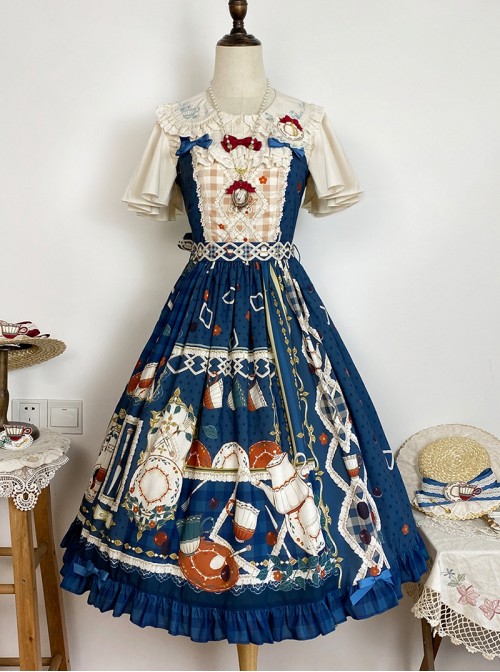 Tea Party Series Sweet Lolita Elegant Checked Print Daily Wearable Cute Camisole Dress