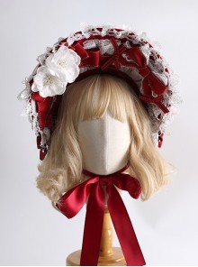 Red Christmas Series Sweet Lolita Silk Ribbon Lace Bowknot White Flower Bonnet