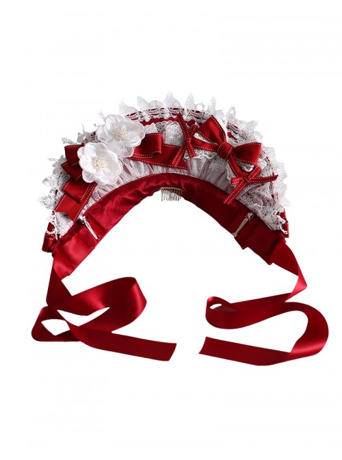 Red Christmas Series Sweet Lolita Silk Ribbon Lace Bowknot White Flower Bonnet
