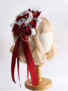 Red Christmas Series Sweet Lolita Silk Ribbon Lace Pearl Bowknot Small Hat
