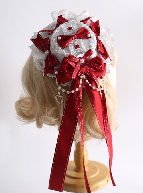 Red Christmas Series Sweet Lolita Silk Ribbon Lace Pearl Bowknot Small Hat