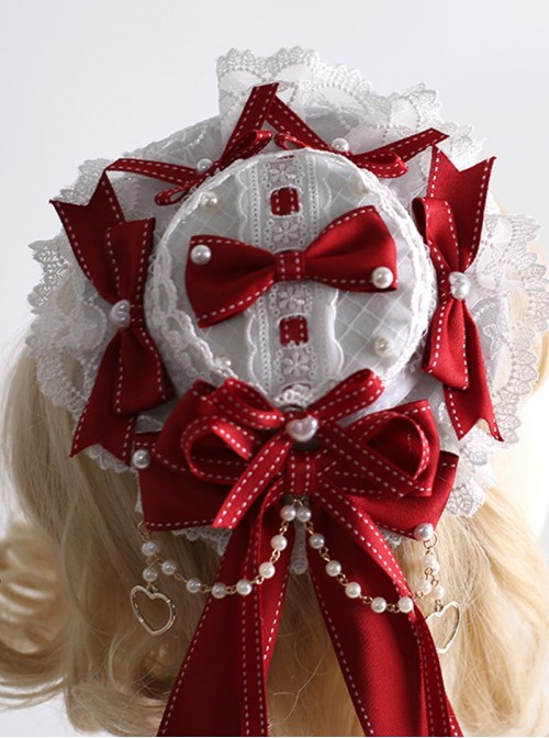Red Christmas Series Sweet Lolita Silk Ribbon Lace Pearl Bowknot Small Hat
