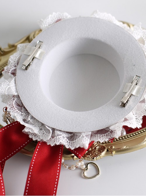 Red Christmas Series Sweet Lolita Silk Ribbon Lace Pearl Bowknot Small Hat