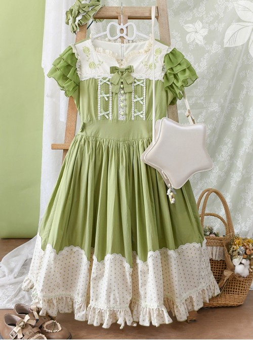 Summer Breeze Series Classic Lolita Comfortable Soft Cotton Embroidered Ruffle Sweet Sister Cute Short Sleeve Dress