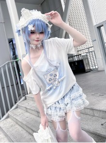 Kitten Hospital Series Kawaii Fashion Cute Aqua Medical Theme Winged Lace Trim Print Off Shoulder T Shirt