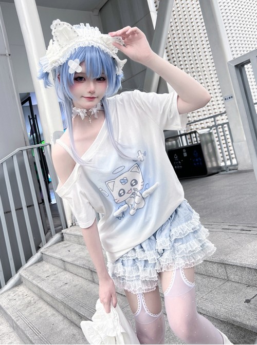 Kitten Hospital Series Kawaii Fashion Cute Aqua Medical Theme Winged Lace Trim Print Off Shoulder T Shirt