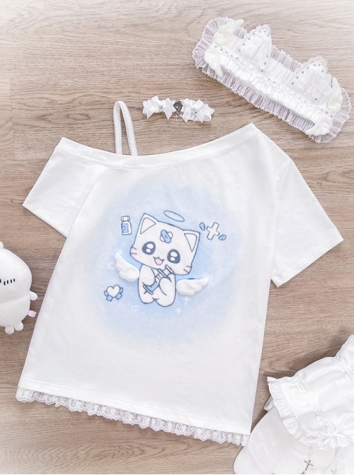 Kitten Hospital Series Kawaii Fashion Cute Aqua Medical Theme Winged Lace Trim Print Off Shoulder T Shirt