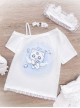 Kitten Hospital Series Kawaii Fashion Cute Aqua Medical Theme Winged Lace Trim Print Off Shoulder T Shirt