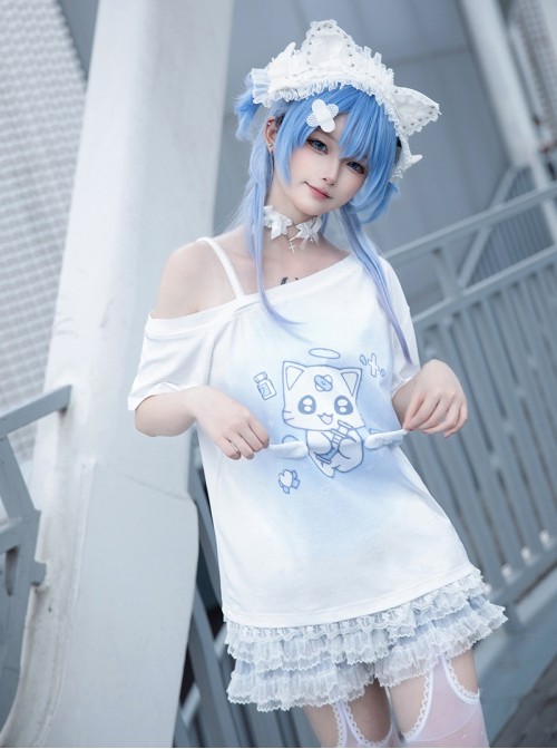 Kitten Hospital Series Kawaii Fashion Cute Aqua Medical Theme Winged Lace Trim Print Off Shoulder T Shirt