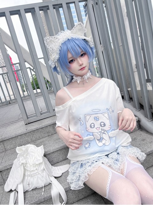 Kitten Hospital Series Kawaii Fashion Cute Aqua Medical Theme Winged Lace Trim Print Off Shoulder T Shirt