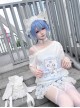 Kitten Hospital Series Kawaii Fashion Cute Aqua Medical Theme Winged Lace Trim Print Off Shoulder T Shirt