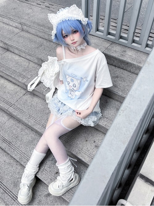 Kitten Hospital Series Kawaii Fashion Cute Aqua Medical Theme Winged Lace Trim Print Off Shoulder T Shirt
