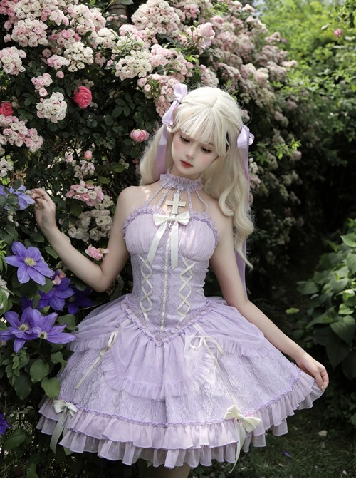 Cross Maiden Series Sweet Lolita Lavender Dreamy Tulle Delicate Elegant Halter Neck Dress