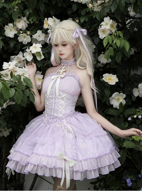 Cross Maiden Series Sweet Lolita Lavender Dreamy Tulle Delicate Elegant Halter Neck Dress