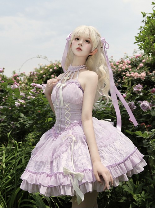 Cross Maiden Series Sweet Lolita Lavender Dreamy Tulle Delicate Elegant Halter Neck Dress