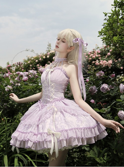 Cross Maiden Series Sweet Lolita Lavender Dreamy Tulle Delicate Elegant Halter Neck Dress